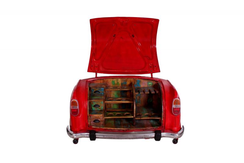 Barschrank, Rahmen rot, Regale bunt, aus einem recycelten Autoheck, mit Ablage für Flaschen und Gläser, 168 x 72 x 80 cm