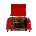 Barschrank, Rahmen rot, Regale bunt, aus einem recycelten Autoheck, mit Ablage für Flaschen und Gläser, 168 x 72 x 80 cm