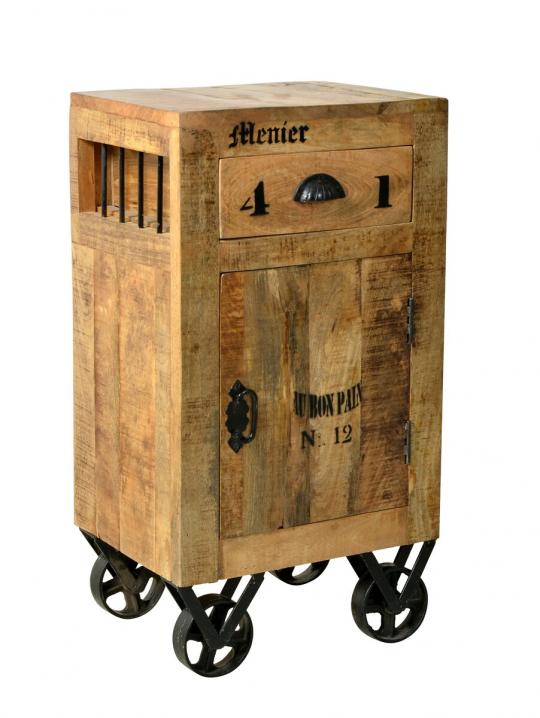 Kommode, lackiertes Mangoholz mit starken Gebrauchsspuren, mit antikschwarzen Beschlägen, 1 Tür, 1 Schublade, 44 x 34 x 82 cm